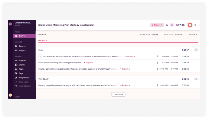 A screenshot of the Toggl work tracking app
